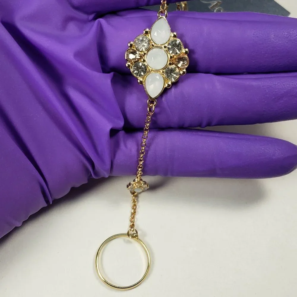 Vintage Gold Chain Necklace with 4 Rings & Pearl Crystal Pendant -  Bracelet